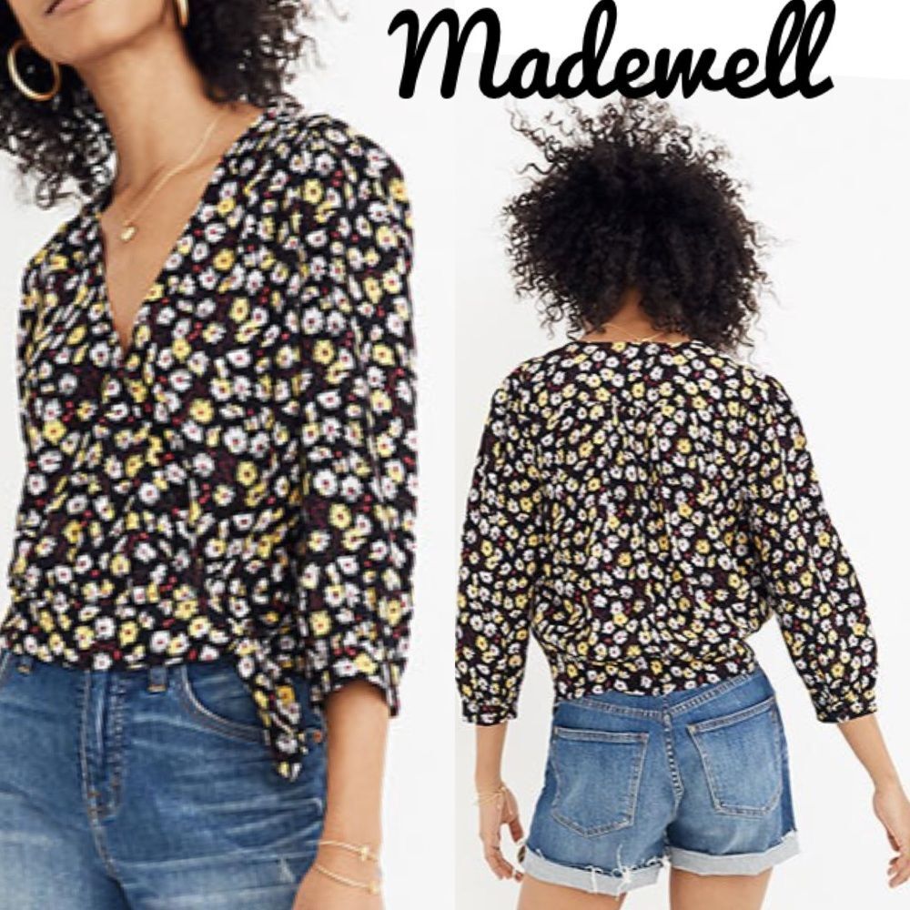 Madewell Black French Moody Dark Floral Wrap Long Sleeve Top S NEW